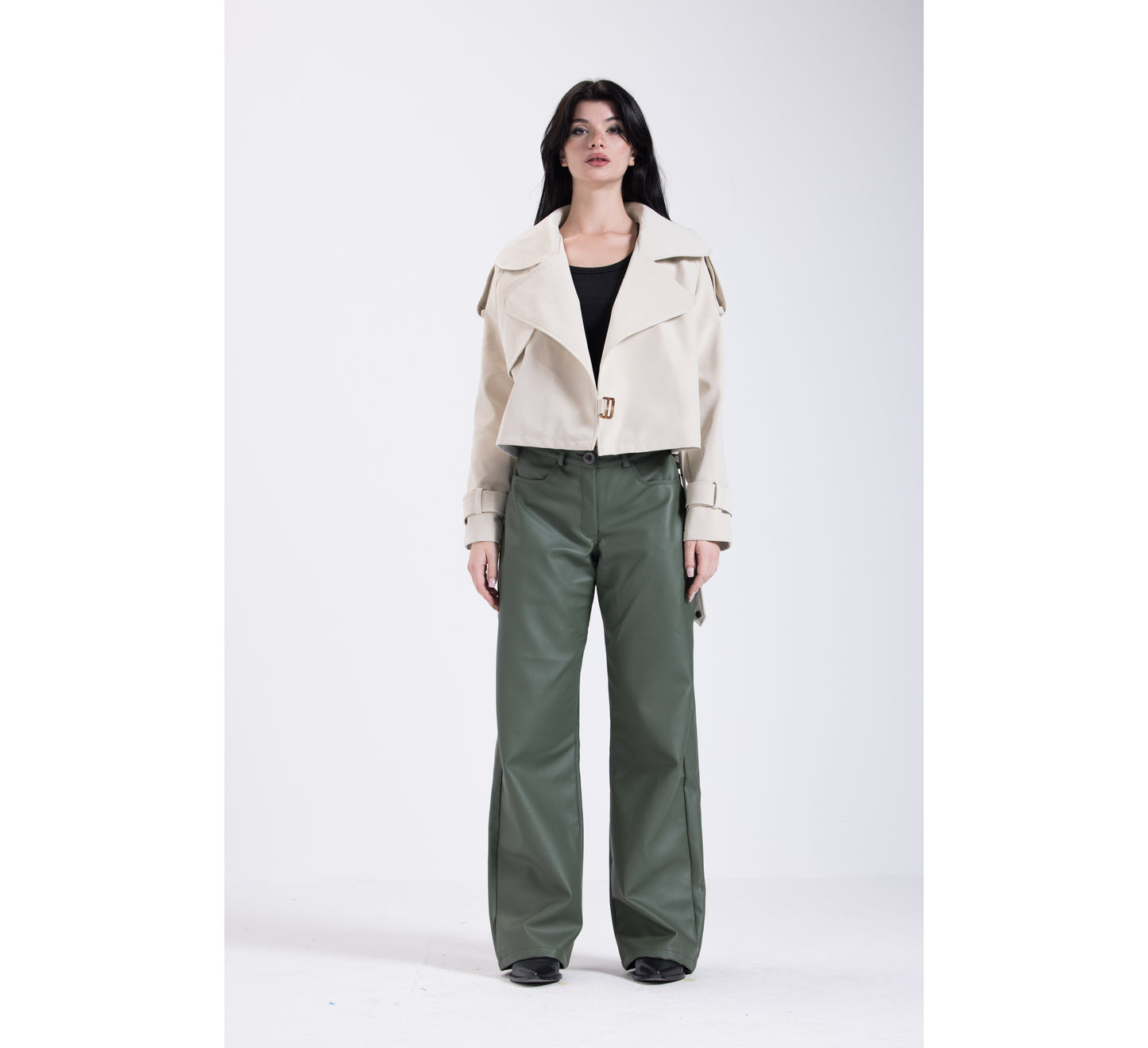 cream short leather jacket